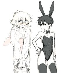 2boys basil_(omori) blush bunny_ears bunnysuit crossdressing femboy fully_clothed girly looking_at_another male_only monochrome omori sunflower_(omori) sunny_(omori) tagme