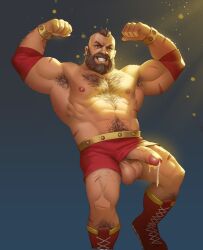 1boy armpit_hair balls bara beard big_balls big_penis body_hair boner capcom chest_hair erection facial_hair flexing hairy_male highpups male male_only muscles muscular muscular_male penis penis_out scars scars_all_over solo solo_male street_fighter zangief