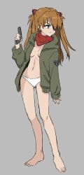 ... asuka_langley_sohryu barefoot blue_eyes breasts brown_hair choker cleavage eyepatch feet female female_focus full_body green_jacket grey_background gun hair_ornament highres holding holding_gun holding_weapon jacket long_hair looking_to_the_side medium_breasts navel neon_genesis_evangelion no_bra open_clothes open_jacket panties rebuild_of_evangelion simple_background solo standing thighs toes underwear undressing unihotate0329 weapon white_panties wide_hips