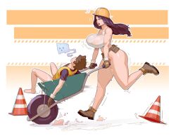 1boy after_sex bottomless breasts brown_footwear brown_gloves brown_hair construction_worker cum cum_on_self cumdrip female gloves hard_hat helmet highres long_hair materclaws open_mouth original running traffic_cone unconscious vest wheelbarrow