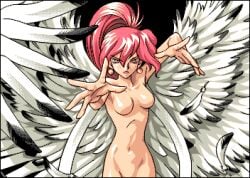 1girls angel_wings angry apros completely_nude completely_nude_female earrings game_cg game_sprite jewelry long_hair looking_at_viewer lowres medium_breasts mutsumi_masato no_nipples nude ponytail reaching_towards_viewer red_hair solo toushin_toshi toushin_toshi_ii very_long_hair wings