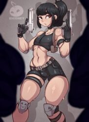 abs alien_shooter athletic_male big_ass black_hair bottomwear brown_eyes choker clothing ehidney femboy gloves holding_weapon looking_away male male_focus male_only open_mouth ponytail sweat thick_thighs tight_clothing topwear