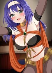 1girls ahoge alternate_costume armpits bare_midriff breasts cleavage cosplay dancer detached_sleeves dorothea_arnault_(cosplay) dorothea_arnault_(plegian)_(cosplay) female female_only fire_emblem fire_emblem:_path_of_radiance fire_emblem:_radiant_dawn fire_emblem_heroes green_eyes headband hug incoming_hug indoors long_hair long_sleeves looking_at_viewer medium_breasts mia_(fire_emblem) midriff open_mouth pantyhose plegian pov_hug purple_eyes purple_hair smile solo tara_(szzj7733) tomboy