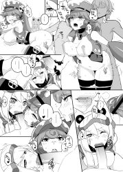 1boy 2girls android big_breasts bouncing_breasts breasts fellatio female from_behind human ico_(mega_man) jealous licking male male/female marino mega_man mega_man_x mega_man_x_dive oral panties panties_down popo_(popo0cat) robot standing threesome vaginal_penetration voyeur