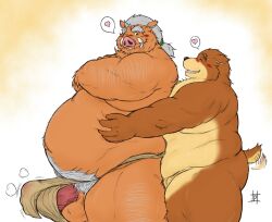 2023 anthro asian_clothing balls bear belly big_belly blush clothing duo east_asian_clothing embrace erection fundoshi genitals heart hi_res hug hugging_from_behind japanese_clothing kemono male male/male mammal overweight overweight_male penis pochizizi simple_background suid suina sus_(pig) tail tail_motion tailwag underwear wild_boar