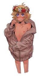 1boy basil_(omori) blonde_hair blush blushing boy crying flower_crown flower_in_hair flowers half-dressed half_naked hoodie hoodie_only male_only nipples omori sad_face sole_male solo solo_focus solo_male sweat zipper_down