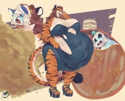 2023 absurd_res anthro blanketvoid blu_(bludoe) clothing curvy_figure custom_outfit digestion dress fart fart_cloud female female_pred furaffinity furry gas hi_res internal male male_prey mature_female oral_vore peculiart post-vore_farting post-vore_gas serona_shea tail tiger voluptuous vore wide_hips yiff