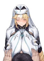 1boy 1girls alternate_costume black_hair blonde_hair blush braid breast_grab closed_eyes commander_(nikke) cross forehead_mark goddess_of_victory:_nikke grabbing hi_res huge_breasts jinmeii motorboating nun rapunzel_(nikke) simple_background straight tattoo veil very_long_hair white_background white_bodysuit white_gloves