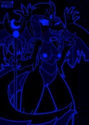 absurd_res anthro areola black_and_blue blue_body blue_eyes breasts crown dark_queen_(iestraig) demon demon_dragon digital_drawing_(artwork) digital_media_(artwork) dragon female fur genitals glowing glowing_body glowing_eyes glowing_genitalia glowing_nipples glowing_outline glowing_pussy hair headgear hi_res horn looking_at_viewer lustragon monochrome moon_symbol nipples nude open_mouth pussy scalie simple_background solo staff tail teeth unique_style winged_arms wings