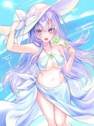 1girls alternate_costume bikini blue_bikini blue_swimsuit breasts cleavage commission female female_only fire_emblem fire_emblem:_genealogy_of_the_holy_war food hat highres holding holding_clothes holding_food holding_hat holding_ice_cream ice_cream julia_(fire_emblem) large_hat long_hair medium_breasts nintendo ocean open_mouth osiri_siri_siri purple_eyes purple_hair sarong skeb_commission solo stomach swimsuit underboob very_long_hair