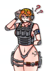 1girls armpits bandaid barely_clothed barely_covered barely_covered_breasts barely_covered_crotch belly belly_button bikini_armor blonde_hair braless breasts bulletproof_vest confused confused_face confused_look confusion deejon dogtag gloves gun headgear headphones holster knife light-skinned light-skinned_female light_skin medium_breasts military military_clothing military_jacket military_uniform natalie_rouge navel no_bra orange_eyes orange_hair panties salute sideboob soldier standing thick_ass thick_thighs third-party_edit walkie_talkie wide_hips