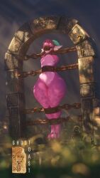 arms_behind_back ball_gag bdsm big_ass blue_eyes bondage collar dat_ass flat_chest gag gagged ghostoast horns immobilized kobold metal_bondage pink_scales questionable_consent round_ass scalie slim_waist solo stationary_restraints steel_bondage thick_thighs wide_hips