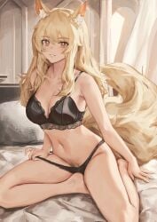 1girls animal_ears animal_tail arknights bare_shoulders barefoot belly big_breasts big_tail black_bra black_panties black_underwear blonde_hair bra breasts brown_eyes cleavage collarbone ear_fluff female female_only female_pubic_hair hairy_pussy highres indoors kemonomimi kneeling legs light-skinned_female light_blush lingerie long_hair looking_at_viewer nashidrop navel nearl_(arknights) on_bed panties panty_pull parted_lips pillow pubic_hair pubic_hair_peek sidelocks smile solo stomach tail waist yellow_eyes