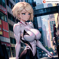 1girls 4k absurdres ai_generated big_breasts blonde_hair blue_eyes bodysuit cmtilins female female_only gwen_stacy highres marvel ripped solo spider-gwen spider-man:_across_the_spider-verse spider-man:_into_the_spider-verse superheroine young_woman