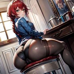 1girls ai_generated arbitrary ass ass_focus braid cameltoe darker_than_black green_eyes hi_res large_ass looking_back panties pantyhose red_hair sitting_on_chair stable_diffusion suou_pavlichenko thick_thighs