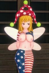 american_flag_legwear american_flag_shirt blonde_hair breasts_out clownpiece fairy_wings jester_hat koikatsu long_hair raidercwar red_eyes touhou