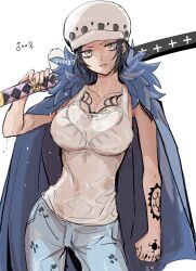 1girls arm_tattoo black_hair black_nails breast_tattoo breasts canon_genderswap cape clenched_hand closed_mouth denim earrings eda_nashi eye-level_view female female_only fur_cape fur_hat genderswap_(mtf) grey_eyes hand_tattoo hat holding holding_sheath jeans jewelry large_breasts looking_at_viewer one_piece pants rule_63 sheath sheathed short_hair shoulder_tattoo simple_background solo spoilers tank_top tattoo trafalgar_law wet wet_clothes white_background white_tank_top