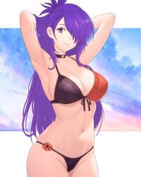 1girls absurdres alternate_costume armpits arms_up bikini black_bikini black_choker black_swimsuit blue_sky breasts choker cleavage commentary cowboy_shot day female female_only fire_emblem fire_emblem:_three_houses fire_emblem_warriors:_three_hopes front-tie_bikini_top front-tie_top groin half_updo highres long_hair looking_at_viewer medium_breasts navel nintendo orange_bikini outdoors purple_eyes purple_hair shez_(female)_(fire_emblem) shez_(fire_emblem) sky smile solo standing stomach swimsuit truejekart two-tone_bikini very_long_hair