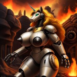 ai_generated bards_checklist big_breasts black_nipples fire frosting.ai green_eyes mane robot steampunk unicorn