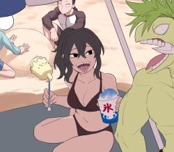 1girls beach bikini black_bikini black_eyes blue_tongue class_1b dark_hair eating female_focus green_hair light-skinned_female light_skin my_hero_academia sharp_teeth sitting smile surprised togaru_kamakiri tokage_setsuna