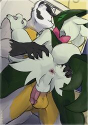 absurd_res anthro anthro_on_anthro anus ass badger balls butt_grab closed_eyes duo erection french_kissing fur generation_9_pokemon genitals green_body green_fur hand_on_butt hi_res humanoid_genitalia humanoid_penis kissing male male/male mammal meowscarada mustelid musteline nintendo penis pokemon pokemon_(species) pokemon_sv rear_view sealer4258 white_body white_fur yellow_body