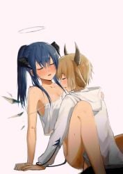 arknights bison_(arknights) blue_hair breasts clothed clothed_sex halo horns missionary_position mostima_(arknights) one_eye_closed sex small_breasts sweat tail tail_grab tied_hair