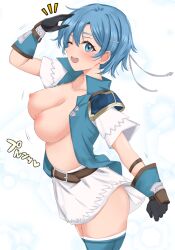 1girls ;d bare_midriff bare_thighs belt blue_eyes blue_hair boots bouncing_breasts breasts female female_only fire_emblem fire_emblem:_the_binding_blade gesture gloves happy headband jacket light_blue_eyes light_blue_hair looking_at_viewer medium_breasts midriff miniskirt motion_lines nintendo nipples one_eye_closed salute shanna_(fire_emblem) short_hair short_sleeves skirt smile solo sound_effects thigh_boots thighs topless toshimasa white_background wink