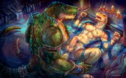 anthro anthro_on_anthro big_dom_small_sub cantor_(hextra) cheetahpaws crocodilian cum derrick domination green_scales humanoid_genitalia humanoid_penis male male/male male_focus male_only muscular muscular_anthro muscular_male partially_submerged restrained scalie size_difference water