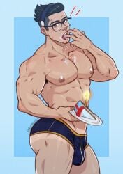 antibooart ass_cleavage birthday birthday_cake frosting frosting_on_face glasses headband licking_fingers male_only muscles nipples pecs red_eyes solo_male suggestive_food tanline tenya_iida thighs undercut underwear underwear_only