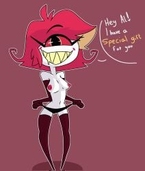 1_eye big_breasts bodily_fluids breasts clothing cyclops demon demon_humanoid fangs female genitals hair hazbin_hotel hi_res humanoid niffty nipples open_mouth open_smile panties pussy red_hair saliva simp_tale simple_background smile solo teeth thick_thighs underwear white_body