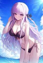 ai_generated bangs bare_shoulders beach bikini black_bikini black_ribbon blue_sky blunt_bangs blush braid breasts cleavage closed_mouth cloud collarbone danganronpa day eyebrows_visible_through_hair female hair_ribbon hand_in_hair horizon kirigiri_kyouko large_breasts leaning_forward lens_flare light_rays long_hair looking_at_viewer navel ocean outdoors purple_eyes purple_hair ribbon side-tie_bikini sidelocks sky solo standing sun sunlight swimsuit thighs very_long_hair wading water wet