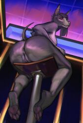 2023 4_toes anthro anubian_jackal anus ass bar_stool black_body black_fur black_hair black_nose breasts canid canine canis clitoris ear_piercing feet female fur furniture genitals hair hi_res inside jackal looking_at_viewer low-angle_view mammal marmoratus medium_breasts nude piercing pussy red_eyes red_sclera short_hair side_boob sitting smile soles solo stool toes