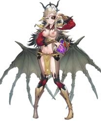 1girls alternate_costume bare_midriff bare_thighs between_breasts big_breasts blonde_hair blush book boots breasts chuunibyou circlet cleavage demon_wings detached_sleeves edit eyepatch feather_trim female female_only fingernails fire_emblem fire_emblem_fates fire_emblem_heroes full_body green_eyes hair_ornament hand_up holding holding_book horror_flight7830 inner_thighs jewelry knee_boots loincloth long_hair long_sleeves looking_at_viewer low_wings medium_breasts midriff navel nintendo nipples nude_filter official_alternate_costume ophelia_(fire_emblem) ophelia_(starlit_maiden)_(fire_emblem) parted_lips pelvic_curtain smile solo spiked_boots standing stomach striped teenager teeth thighs topless vertical_stripes white_background wings