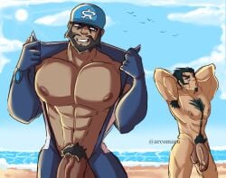 2boys archie_(pokemon) arcomaru armpit_hair balls bara beard big_balls big_penis bodysuit chest_hair crossover danganronpa facial_hair flaccid gay hands_behind_head headkerchief male male_only muscles muscular nidai_nekomaru nintendo nipples nude penis pokemon super_danganronpa_2 team_aqua thick_penis