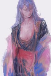 blue_eyes breasts cleavage clothes dress female genderswap_(mtf) grey_hair heterochromia highres jujutsu_kaisen kemono long_hair looking_at_viewer mahito_(jujutsu_kaisen) simple_background solo stiches unique_style wengwengchim