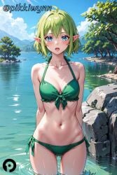 ahoge ai_generated arms_behind_back ass_visible_through_thighs bangs bare_shoulders bikini blue_eyes blue_sky blush breasts cleavage cloud collarbone day dungeon_ni_deai_wo_motomeru_no_wa_machigatteiru_darou_ka elf female green_bikini green_hair halterneck looking_at_viewer medium_breasts navel open_mouth outdoors pikkiwynn pointy_ears ryuu_lion short_hair side-tie_bikini_bottom sky solo standing stomach swimsuit tree wading water