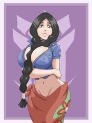 1girls big_breasts black_hair bleach blue_eyes bottomwear braid breasts cleavage cosplay female female_only hair hips huge_breasts lips looking_at_viewer nico_robin_(cosplay) one_piece sarong solo solo_female topwear unohana_retsu wanderagro893