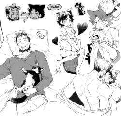 1boy 1girls back_muscles blush cat_ears cat_tail catgirl curly_hair dilf facial_markings female imminent_sex made_in_abyss male mature_male monochrome multiple_images multiple_scenes muscular_male older_male original_character sansanpai scars self_harm_scars short_hair wazukyan younger_female