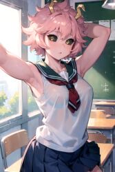 ai_generated aiposter armpits classroom horns looking_at_viewer mina_ashido my_hero_academia pink_hair raised_arm school_uniform showing_armpits sweat