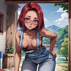 1girls ai_generated arbitrary dark_skin dark_skinned_female farm_girl farmer farmgirl glasses hi_res leaning_forward maru_(stardew_valley) naked_overalls nipple_peek overalls overalls_only purple_eyes red_hair short_hair small_breasts stable_diffusion stardew_valley