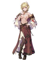 1girls alternate_costume armpits bare_midriff bare_shoulders belt blonde_hair blush boots breasts capelet casual_nudity citrinne_(fire_emblem) closed_mouth detached_sleeves dress edit feathers female female_only fire_emblem fire_emblem_engage fire_emblem_heroes full_body gold_trim hair_ornament hand_on_own_chest hand_on_own_hip hand_up highres horror_flight7830 jewelry knee_boots long_dress long_sleeves looking_at_viewer medium_breasts midriff necklace nintendo nipples nude_filter pantyhose red_eyes royalty short_hair shoulders skirt smile solo standing teenage_girl teenager topless topless_dress white_background