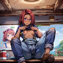 1girls ai_generated arbitrary dark_skin dark_skinned_female farm_girl farmer farmgirl flashing_breasts glasses hi_res maru_(stardew_valley) overalls purple_eyes red_hair shirt_lift short_hair sitting small_breasts spread_legs stable_diffusion stardew_valley