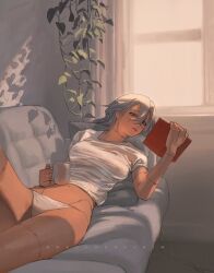 book breasts couch cup female genderswap_(mtf) grey_hair highres holding_book holding_cup jujutsu_kaisen long+hair looking_at_viewer lying mahito_(jujutsu_kaisen) navel panties solo stiches stomach t-shirt underwear wengwengchim white_panties white_shirt