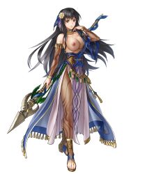 1girls alternate_costume bangs bare_shoulders black_eyes black_hair breastless_clothes breastless_clothing breasts breasts_out casual_nudity cleavage collarbone detached_collar dress edit female female_only fire_emblem fire_emblem:_the_blazing_blade fire_emblem_heroes full_body gold_trim hair_ornament hand_up highres holding holding_weapon horror_flight7830 karla_(fire_emblem) karla_(hatari)_(fire_emblem) loincloth long_hair looking_at_viewer medium_breasts nintendo nipples nude_filter pantyhose parted_lips polearm shiny_clothes short_sleeves skirt solo spear standing strapless strapless_dress toeless_footwear toes topless topless_dress weapon white_background wide_sleeves