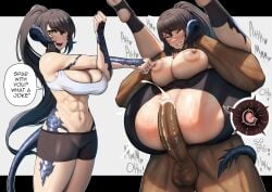 1boy 1girls abs anhuzart au_ra balls big_penis black_hair booty_shorts breasts breasts_out cum cum_in_pussy cum_inside dark-skinned_male dark_skin english_text ethan69_(artist) female final_fantasy final_fantasy_xiv full_nelson full_nelson_(legs_held) full_nelson_vaginal hi_res horns huge_breasts hyur impregnation instant_loss instant_loss_2koma interspecies light-skinned_female light_skin long_hair male nipples ponytail sapphira_nyx scales short_shorts shorts speech_bubble sports_bra sportswear stirrup_legwear tail tail_around_leg thighs torn_shorts unseen_male_face vaginal_penetration