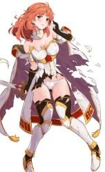 1girls armor ass_visible_through_thighs bare_shoulders blush breastplate breasts cape celica_(fire_emblem) cleavage dress earrings female female_only fingerless_gloves fire_emblem fire_emblem_echoes:_shadows_of_valentia gloves hairband holding holding_sword holding_weapon jewelry large_breasts long_hair looking_at_viewer nintendo open_mouth panties red_eyes red_hair simple_background skirt solo sword thighhighs tiara torn_cape torn_clothes torn_skirt torn_thighhighs underwear weapon white_armor white_panties yuuri_(orz_commushows)