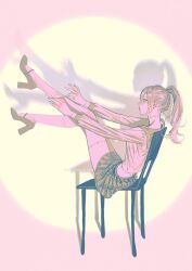 chair female genderswap_(mtf) high_heels highres jujutsu_kaisen legs long_hair long_legs mahito_(jujutsu_kaisen) ponytail school_uniform serafuku shadow sitting skirt solo spotlight stiches wengwengchim white_shirt white_socks