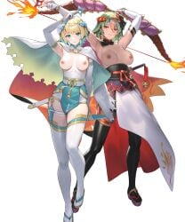 2girls alternate_costume armpits arms_up bell blonde_hair blue_eyes bow_(weapon) breastless_clothes breastless_clothing breasts breasts_out cape capelet casual_nudity closed_mouth dark-skinned_female dark_skin edit edited_official_artwork elbow_gloves female female_only fire fire_emblem fire_emblem_heroes fjorm_(fire_emblem) fjorm_(ninja)_(fire_emblem) full_body gloves gradient_clothes gradient_hair grey_hair head_tilt highres holding holding_weapon horror_flight7830 japanese_clothes jingle_bell kodachi kunai laegjarn_(fire_emblem) laegjarn_(ninja)_(fire_emblem) lips looking_at_viewer mask mask_on_head medium_breasts multicolored_hair multiple_girls ninja nintendo nipples nude_filter obi official_alternate_costume okobo orange_hair red_eyes sandals sash sheath sheathed shiny_clothes short_hair short_sword shuriken sleeveless smile sword tabi thighhighs topless topless_dress two-tone_hair weapon white_background zouri