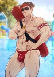 abs antibooart ass_cleavage bulge male_focus male_only muscles my_hero_academia nipples no_visible_genitalia pecs pool serious_look solo_male speedo sunglasses swimsuit tanline tenya_iida thighs whistle