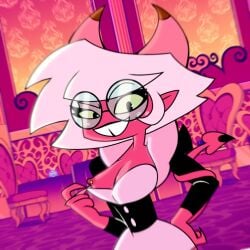 1:1 asmodeus'_assistant breasts clothed clothing demon demon_humanoid detailed_background eyewear female glasses hair helluva_boss horn humanoid nipple_piercing nipples open_mouth open_smile partially_clothed piercing pink_body pink_hair simp_tale smile solo succubus tail teeth thick_thighs